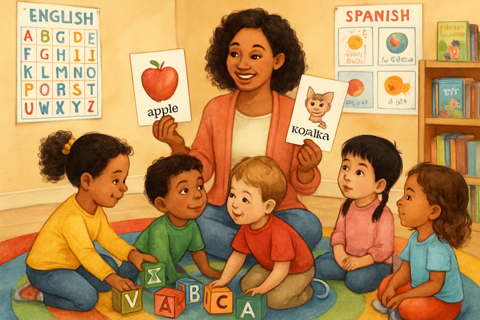 Çeşitli etnik kökenlerden çocukların renkli bir anaokulu sınıfında iki dilli eğitim etkinliklerine katıldığı, öğretmenle birlikte oyun oynayıp öğrenirken mutlu ve meraklı göründükleri bir sahne.