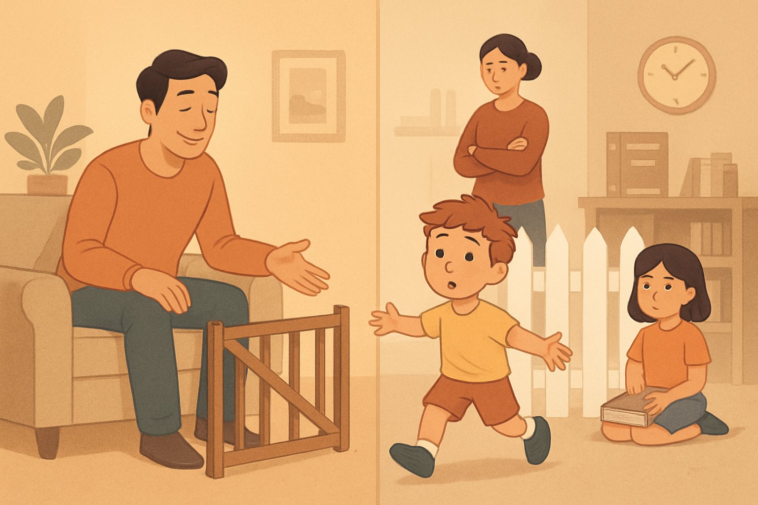 Bir ebeveynin çocuklarına özgürlük tanıdığı ve sınır koymakta zorlandığı bir sahne, arka planda diğer ebeveynlik tarzlarıyla karşılaştırma olarak düzenli sınırlar ve kurallar gösteriliyor.