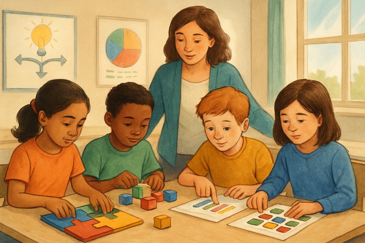 Bir grup çocuk, öğretmen eşliğinde problem çözme ve karar verme becerilerini geliştirmek için birlikte çalışıyor.