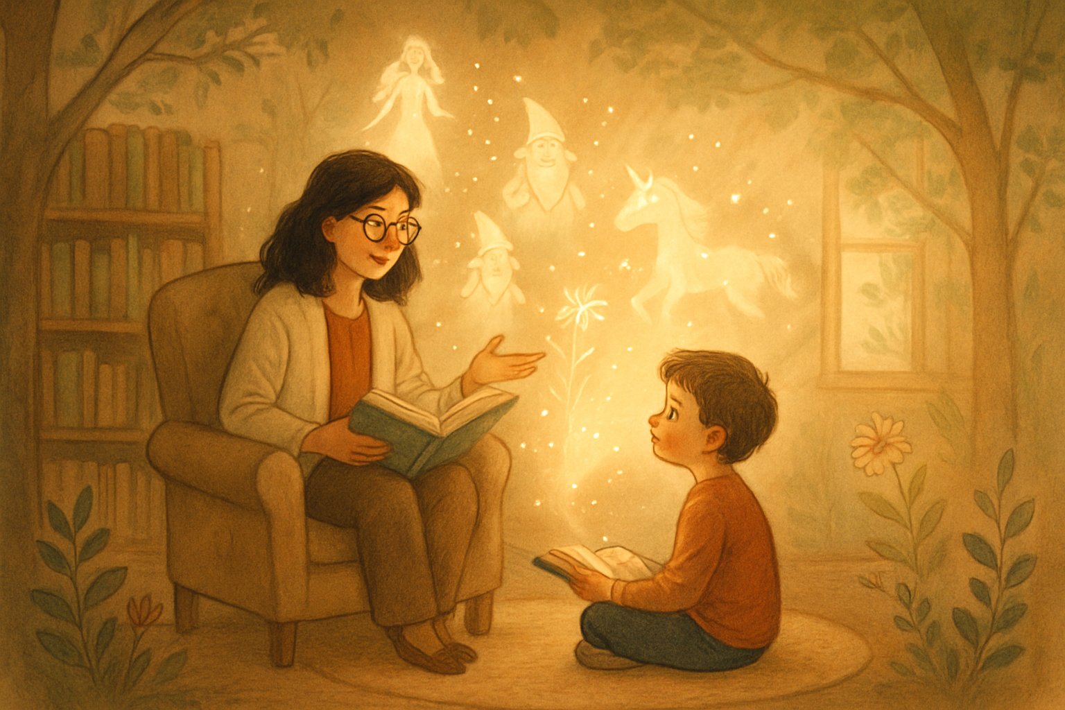 Bir terapist ve çocuk, masal terapisi sırasında hikaye anlatırken, etraflarında hafif parlayan masal karakterleri ve doğal öğeler bulunan sıcak bir oda.