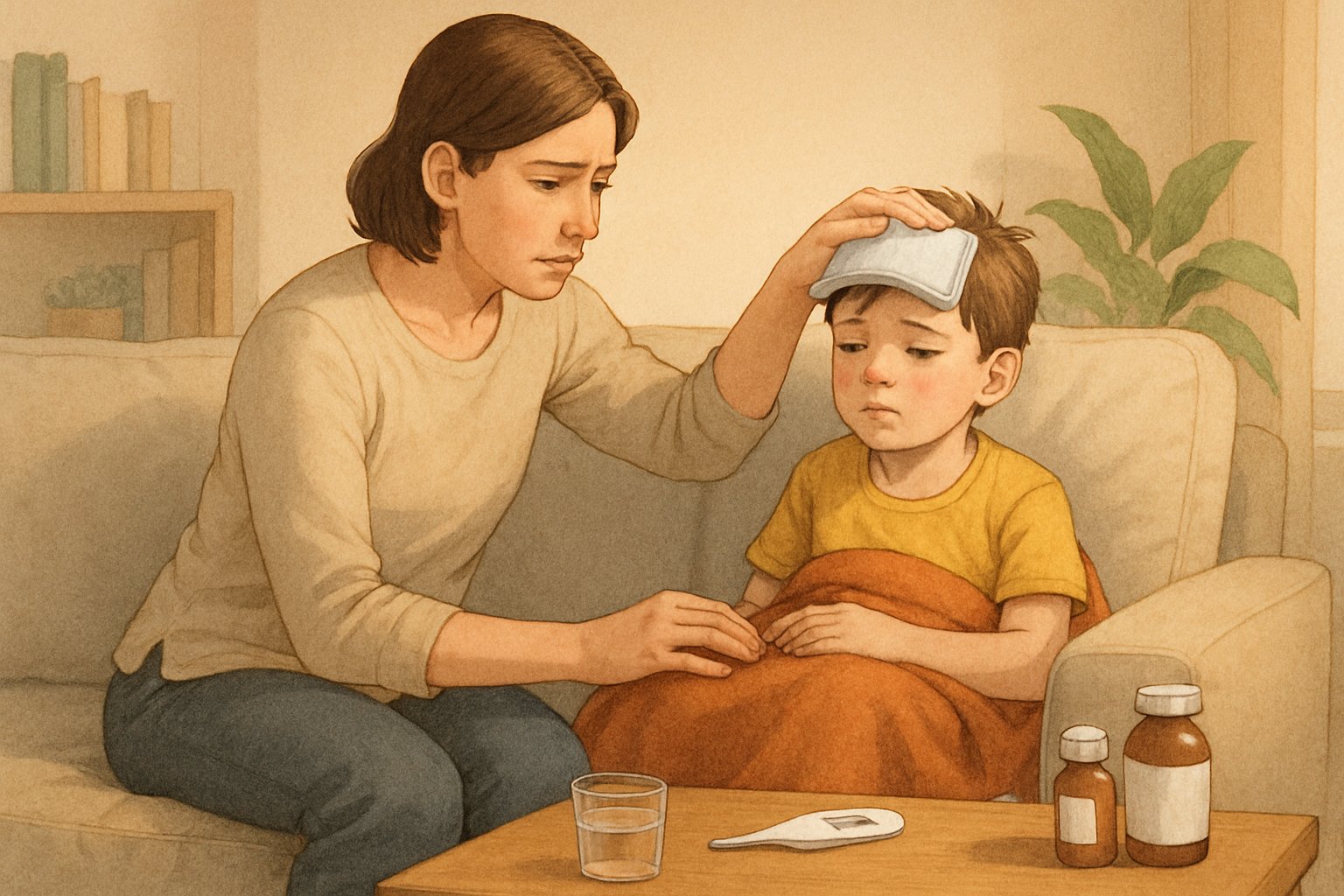 Evde ateşi olan çocuğa ilk müdahale yapan bir yetişkin, çocuğun alnına soğuk kompres koyuyor.