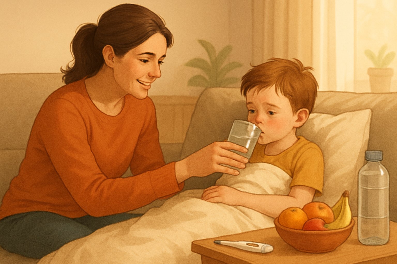 Ateşi olan çocuğa evde sıvı veren bir ebeveynin bulunduğu sakin ve rahat bir oda.