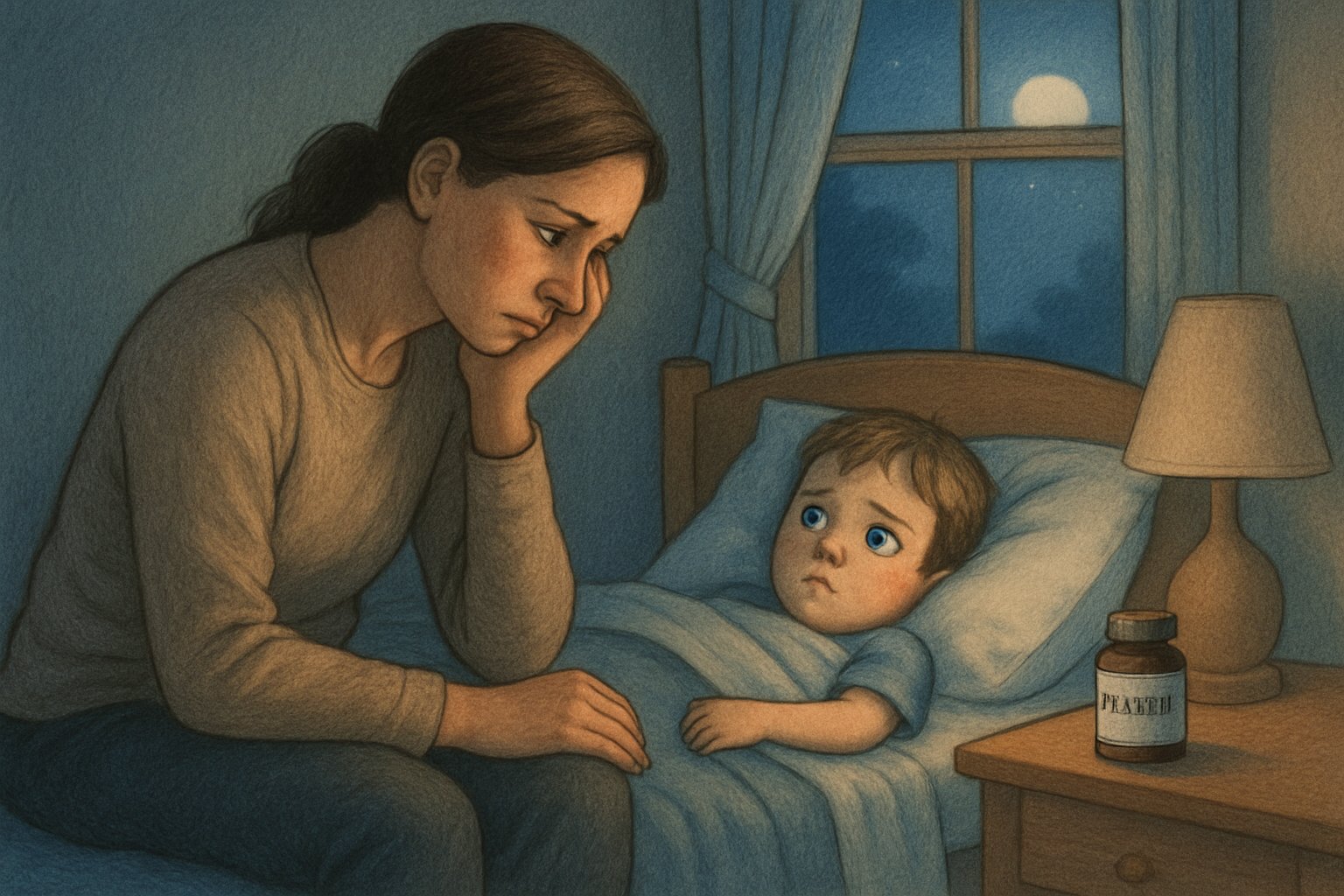 Gece yatağında uyanık yatan çocuğunun yanında endişeli oturan ebeveyn.