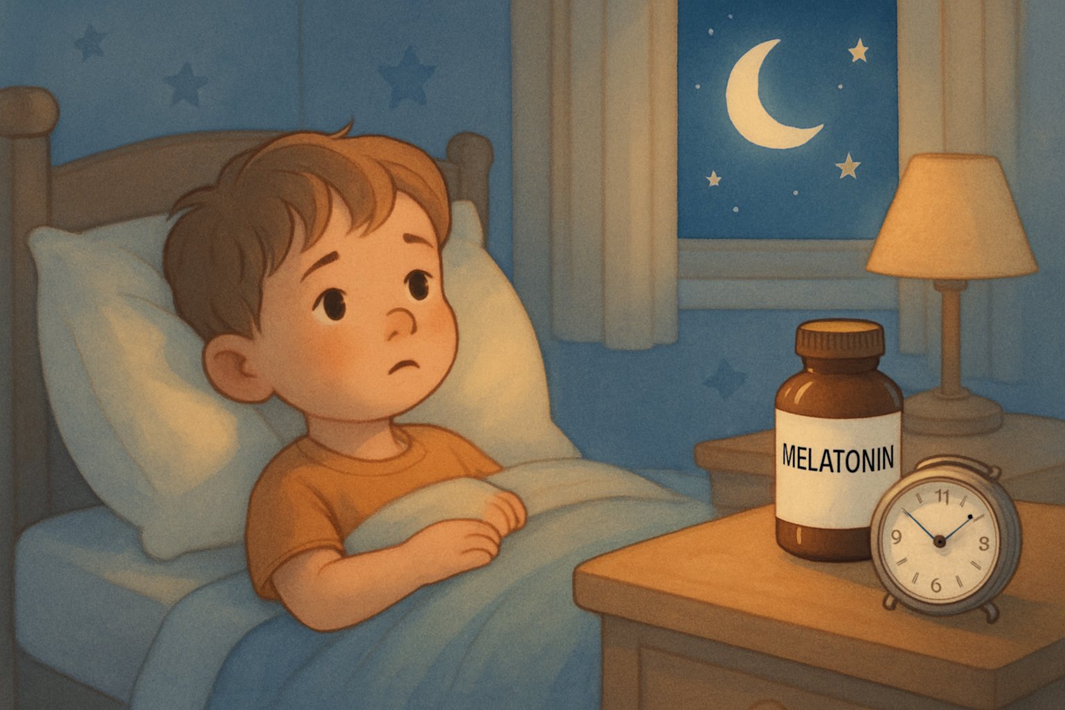 Gece yatakta uykusu gelmeyen bir çocuk ve yanında melatonin takviyesi bulunan sakin bir çocuk odası.
