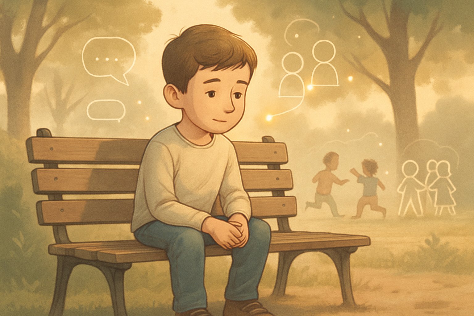 Bir parkta yalnız oturan, çevresinde diğer çocukların oynadığı ve sosyal etkileşim simgelerinin bulunduğu bir çocuk.