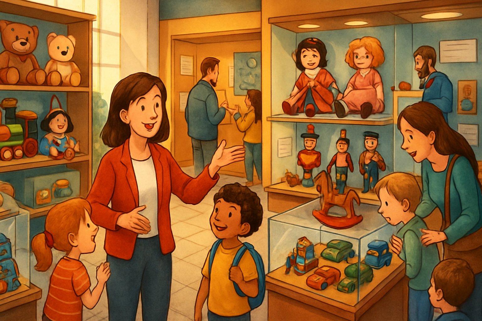 Oyuncaklarla dolu bir müze içinde çeşitli yaşlardan insanların oyuncakları keşfettiği bir sahne.