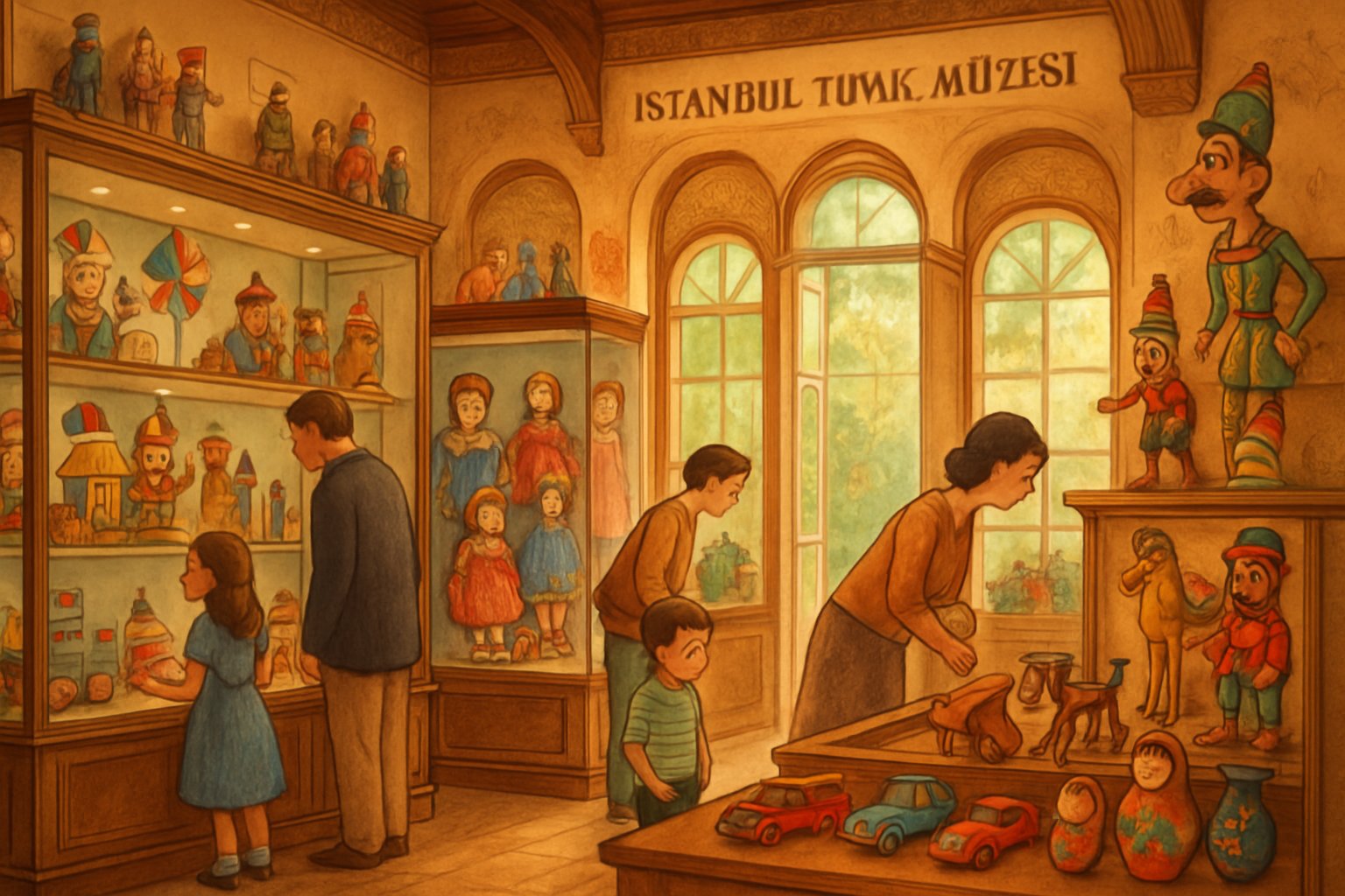 İstanbul Oyuncak Müzesi'nin içinde çeşitli oyuncakların sergilendiği, ziyaretçilerin gezdiği ve oyuncakları incelediği bir müze sahnesi.