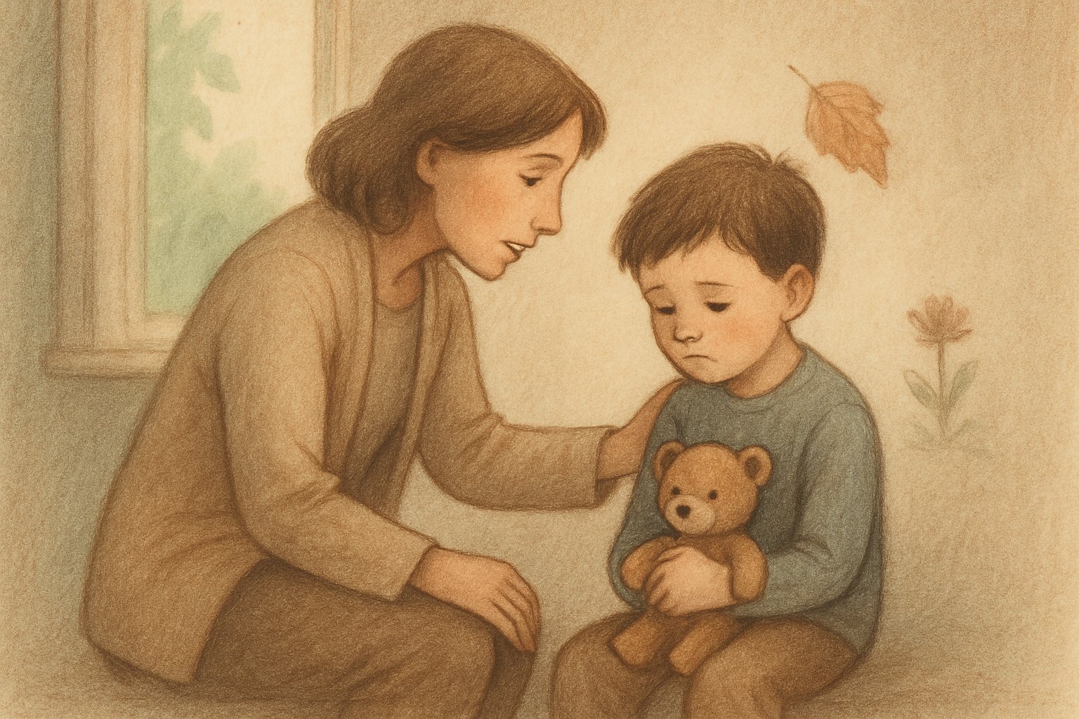 Bir yetişkin, üzgün görünen bir çocukla yumuşak ve destekleyici bir ortamda konuşuyor.