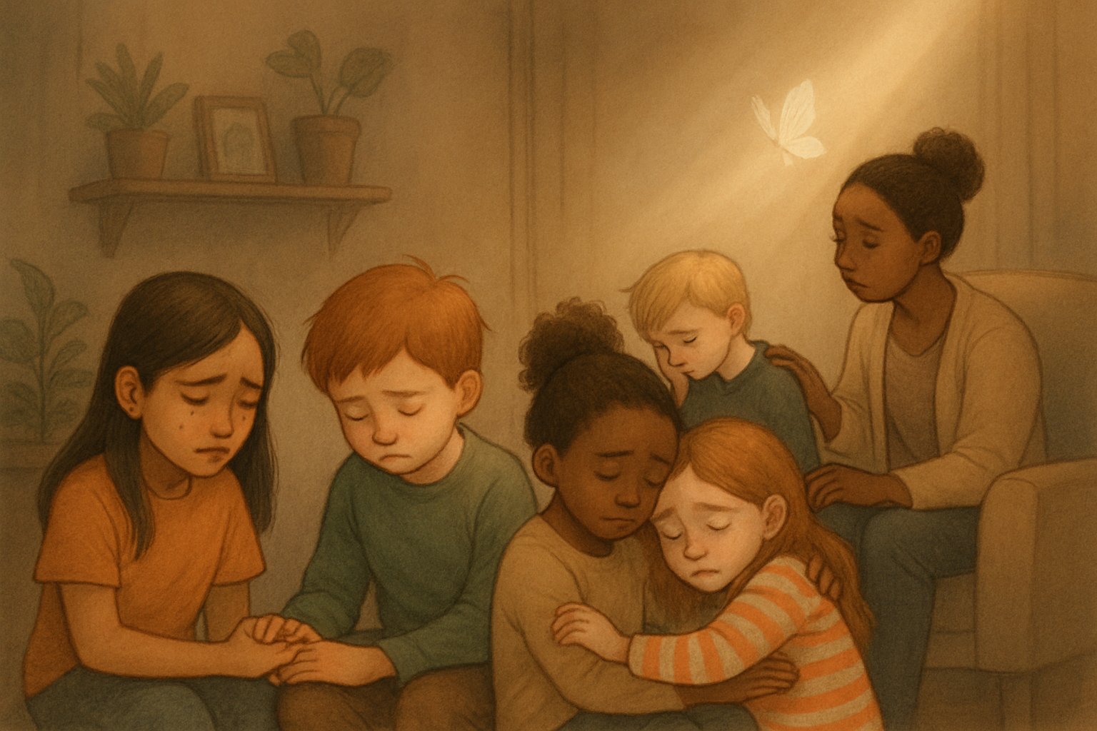 Çocukların kayıp ve yas sürecini yaşadığı, birbirine destek olan ve duygularını ifade eden bir grup çocuk ve onları sakinleştiren bir yetişkin.