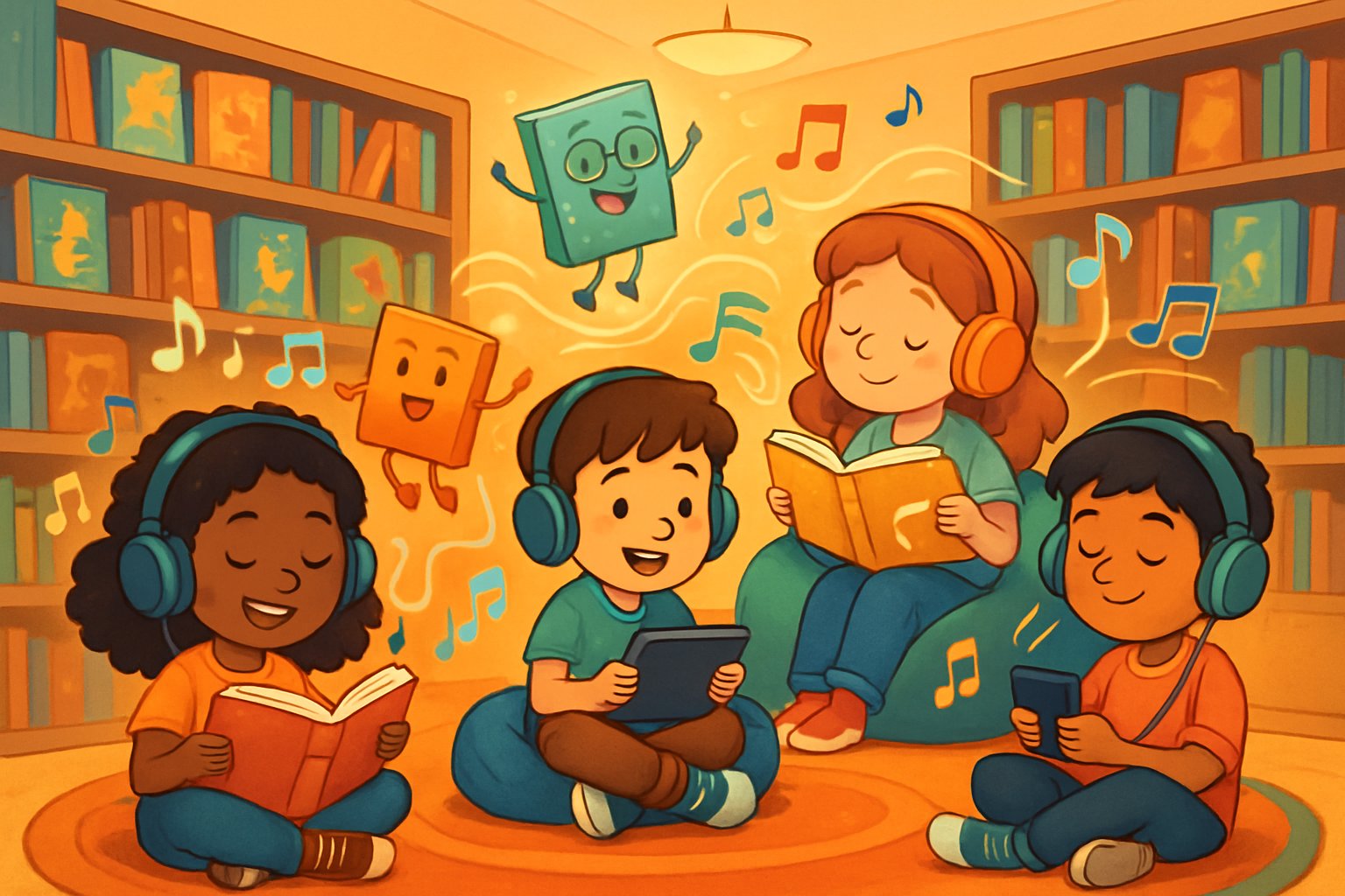 Çeşitli çocukların kulaklık takarak podcast ve sesli kitap dinlediği, kitaplar ve dijital cihazlarla çevrili renkli ve sıcak bir okuma köşesi.