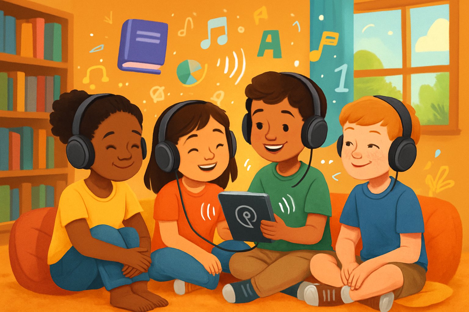 Çocukların rahat bir odada kulaklıkla podcast dinlediği, etraflarında kitaplar ve öğrenmeyi simgeleyen görsellerin olduğu bir sahne.