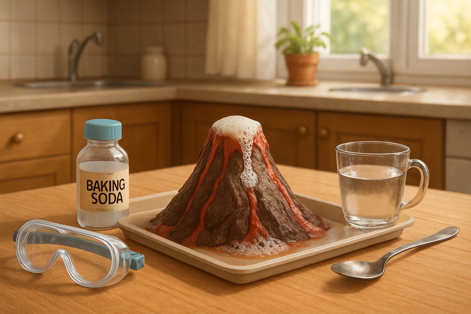 Evde masa üzerinde düzenlenmiş küçük bir volkan patlaması deneyi, yanındaki malzemeler ve güvenlik gözlüğü ile birlikte gösteriliyor.