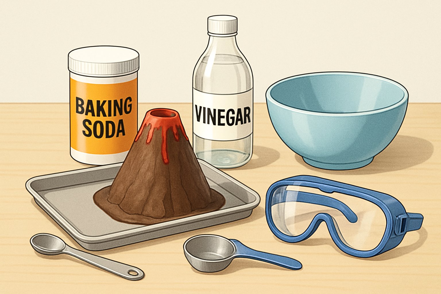 Evde volkan patlaması deneyi için gerekli malzemelerin düzenli şekilde yer aldığı bir masa üzeri.