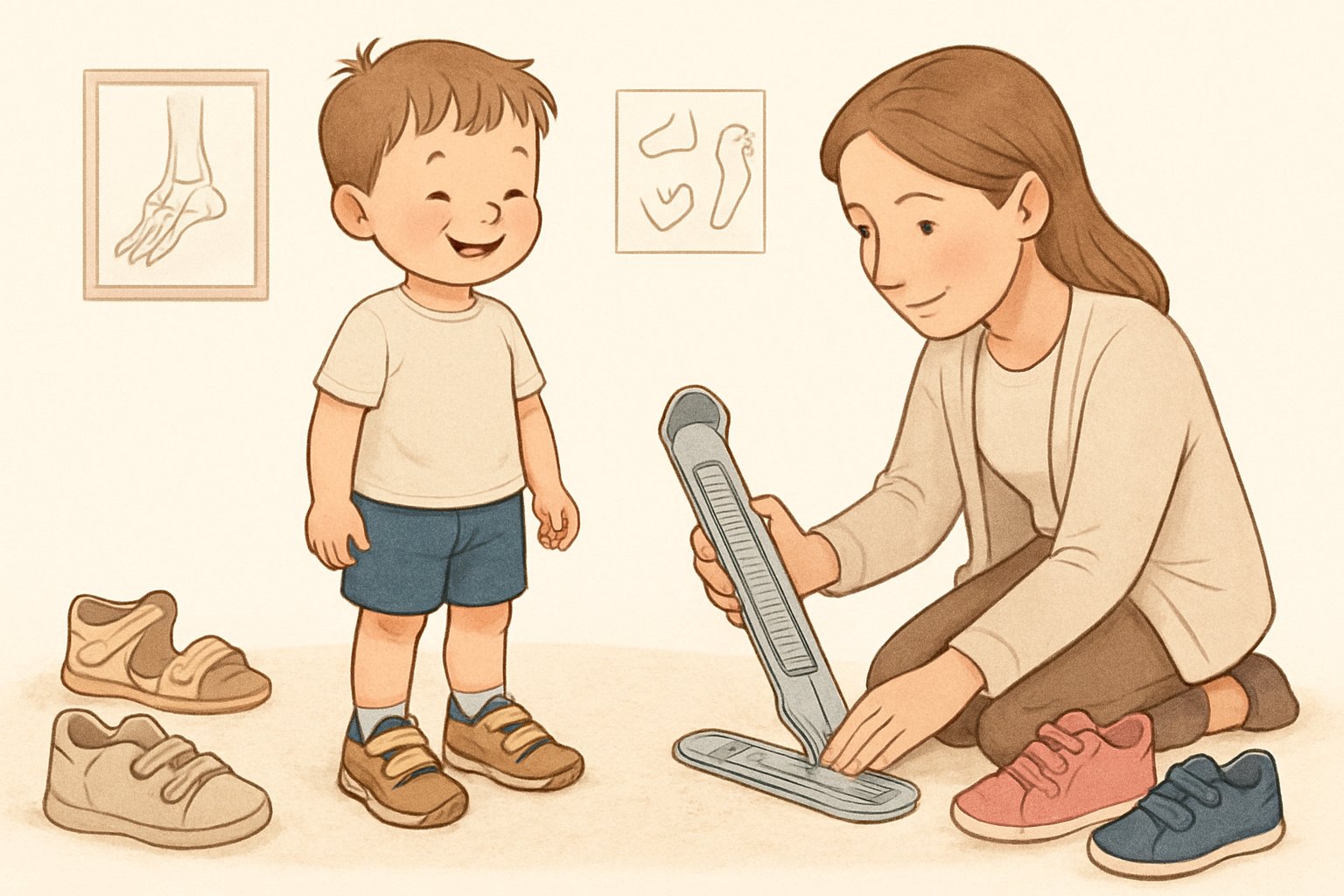 Bir çocuk ayak ölçüsü yapılırken, doğru ayakkabı seçimi için uygun ayakkabılarla birlikte gösteriliyor.