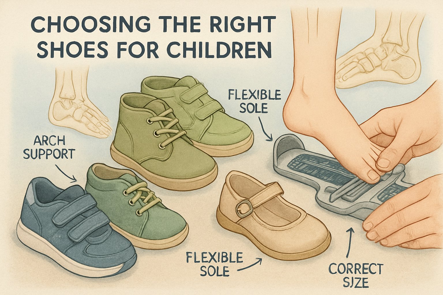 Bir yetişkinin çocuk ayaklarını ölçtüğü, çeşitli çocuk ayakkabılarının ve ayak anatomisi çizimlerinin bulunduğu bir sahne.