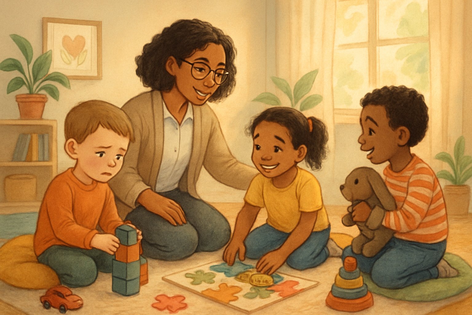 Çocukların oyun terapisi yaptığı, terapistin onları desteklediği ve çocukların oyun oynarken etkileşimde bulunduğu bir oda.