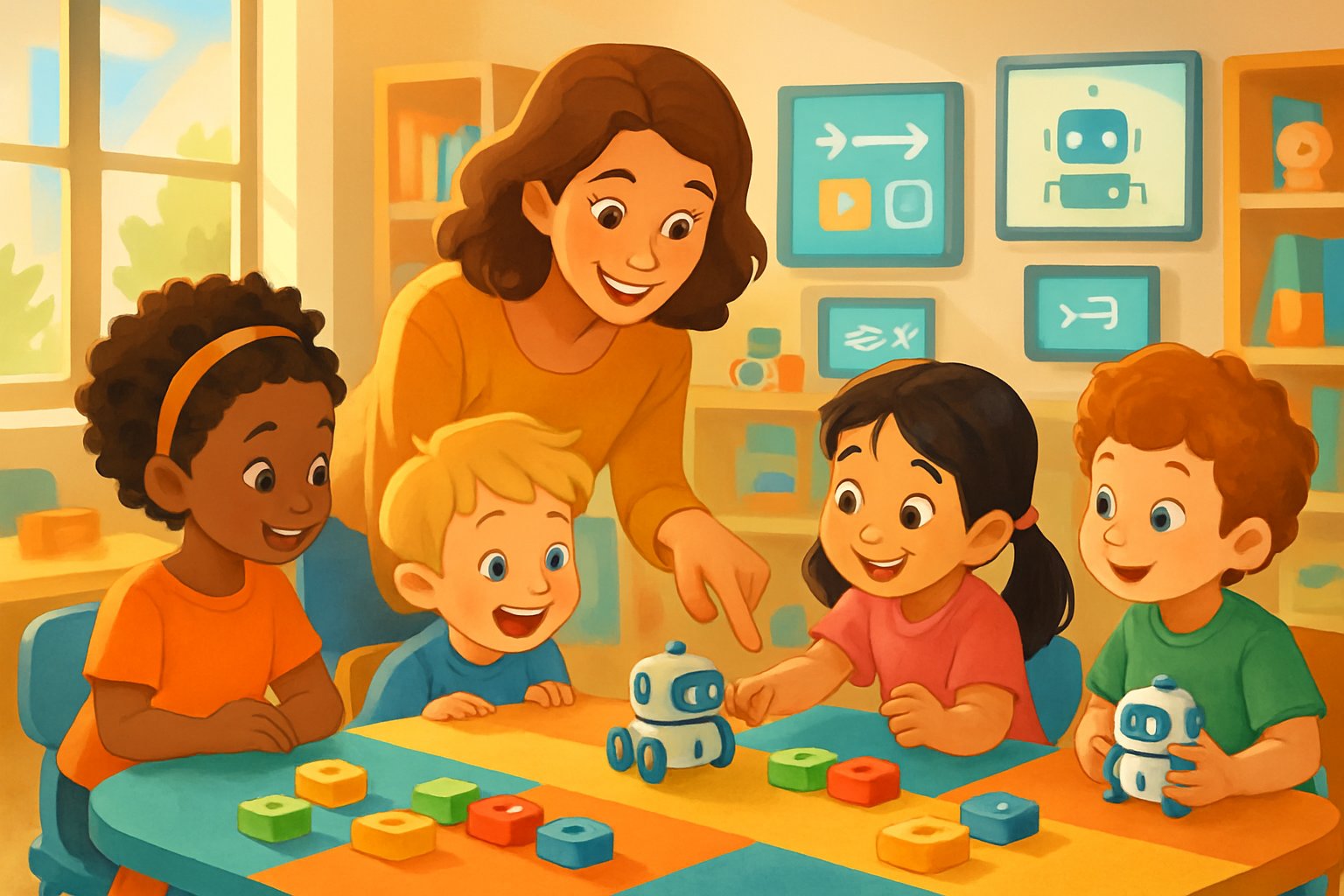 Okul öncesi yaşta çocuklar, öğretmenleriyle birlikte robotik kodlama oyuncaklarıyla oynuyor ve öğreniyor.