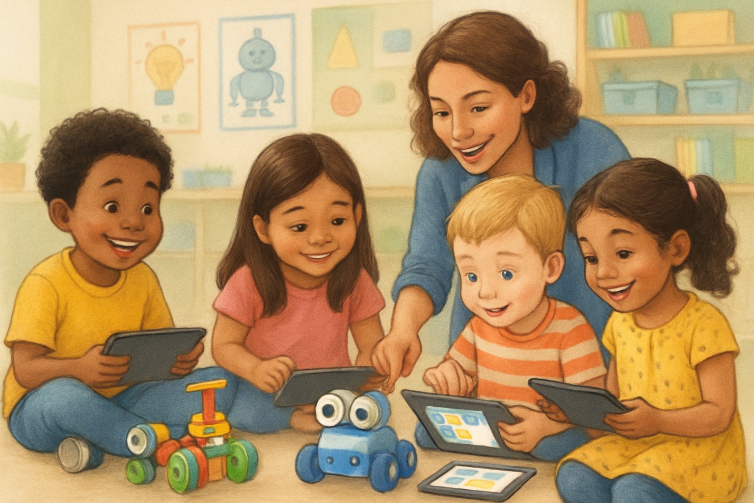 Okul öncesi yaşta çocuklar, renkli robot setleri ve tabletlerle kodlama etkinliği yapıyor, öğretmenleri onlara destek oluyor.