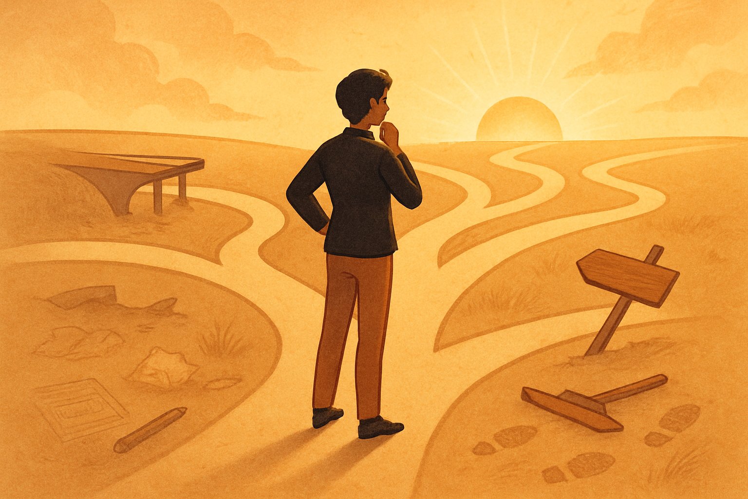 Bir kişi, farklı yolların bulunduğu bir kavşakta duruyor ve düşünceli bir şekilde yolları inceliyor. Bazı yollar engellerle dolu, bazıları ise güneşin doğduğu ufka doğru uzanıyor.