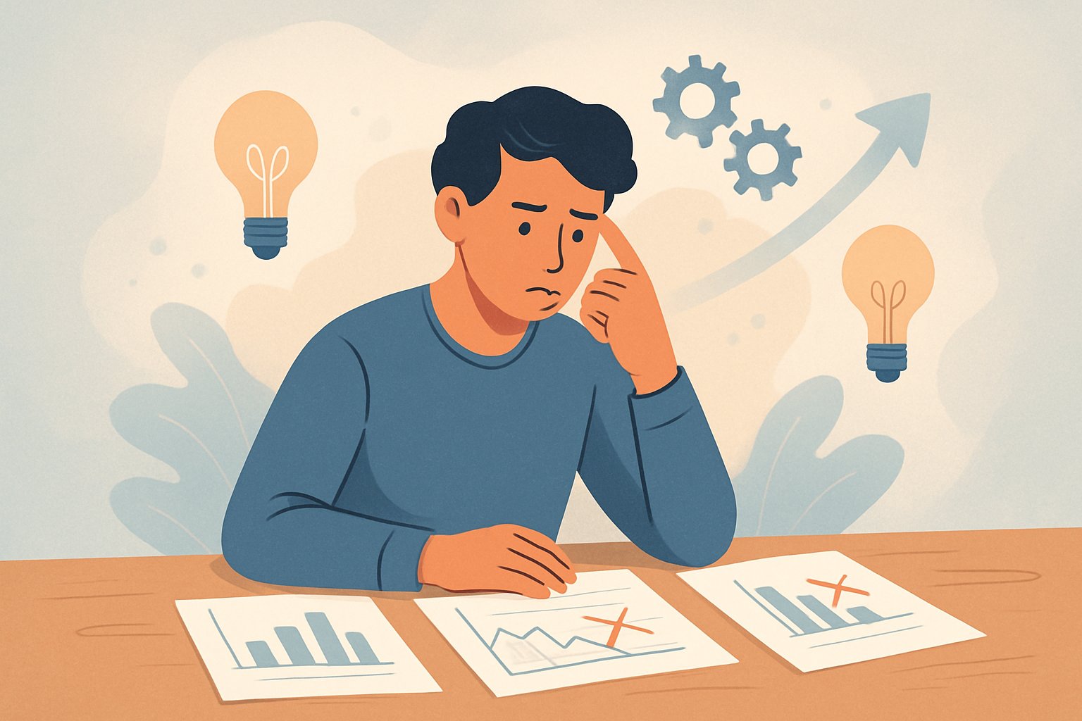 Bir masa başında düşünceli oturan kişi, çevresinde kağıtlar, grafikler ve fikir simgeleriyle hata yapma ve öğrenme sürecini gösteriyor.
