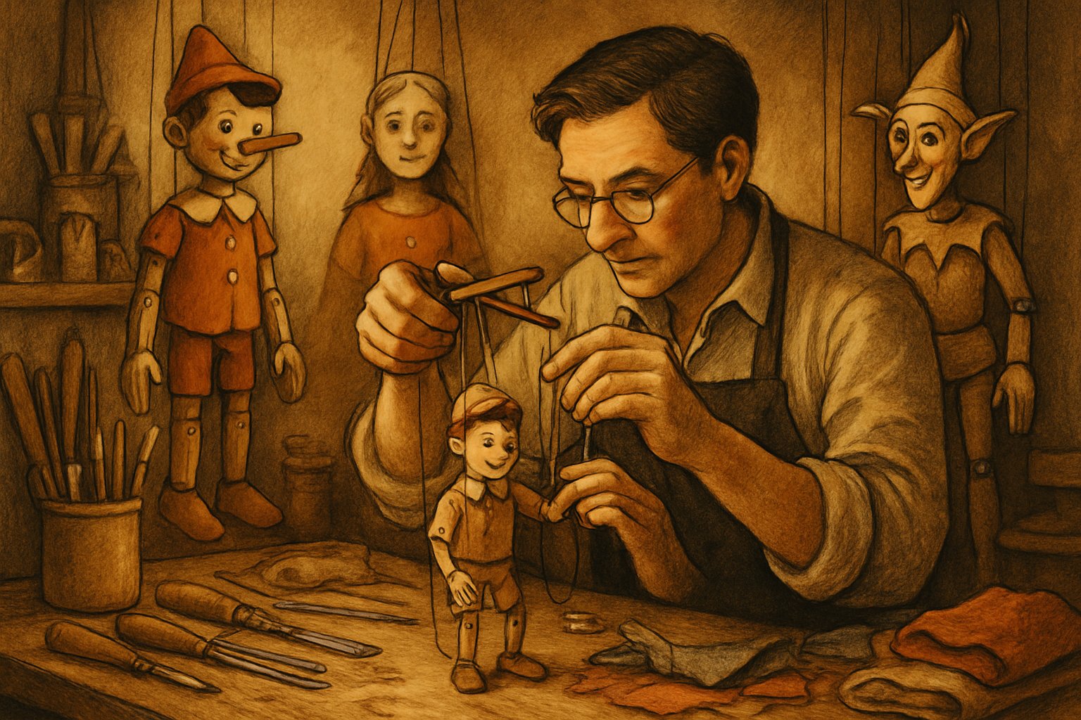 Bir atölyede kukla yapımı ve konuşturma sanatını gösteren, kuklalarla çalışan bir usta.