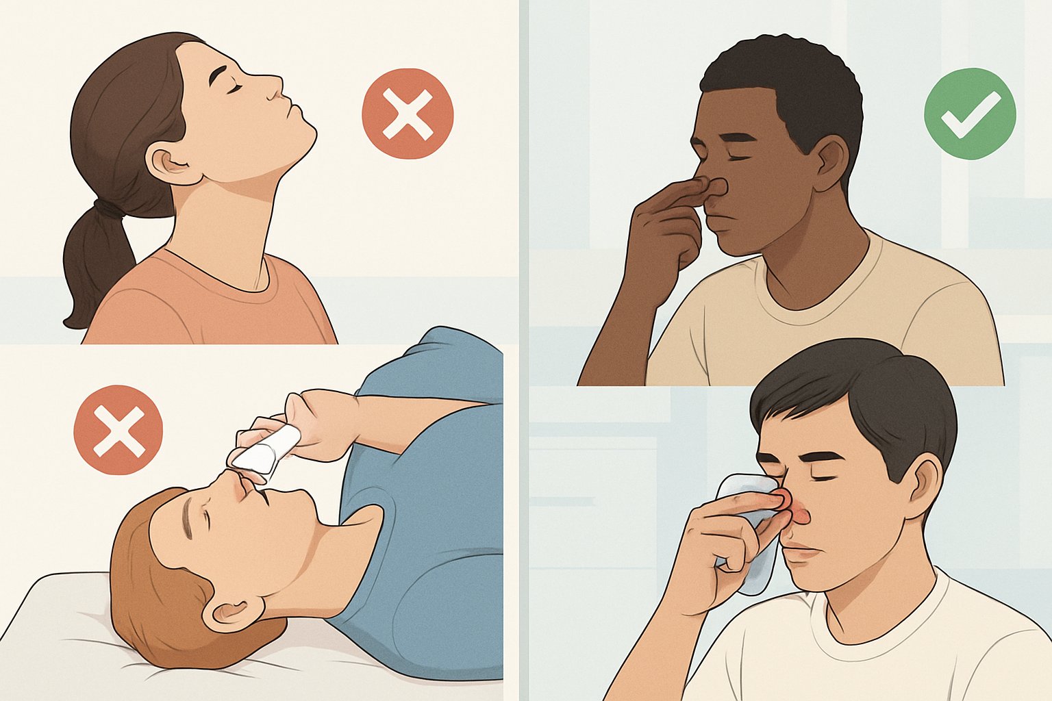 Burun kanaması sırasında doğru ve yanlış uygulamaları gösteren, bir yanda yanlış hareketler diğer yanda doğru uygulamalar yapılan bir sahne.