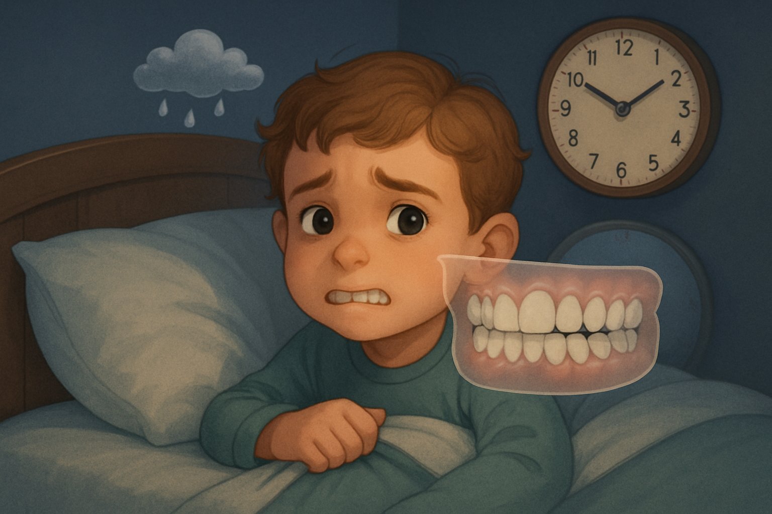 Yatakta dişlerini sıkan endişeli bir çocuk ve çevresinde stres, diş hizası bozukluğu ve uyku düzensizliği gibi diş gıcırdatma nedenlerini simgeleyen görseller.