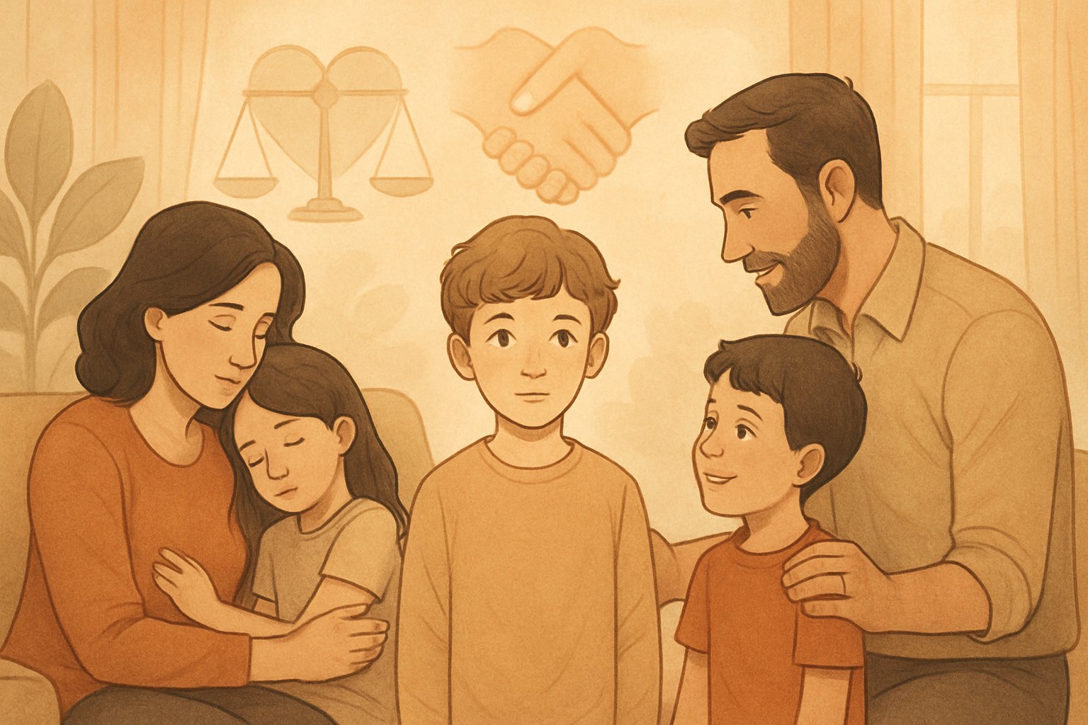 Bir aile ortamında, ortanca çocuk ve ebeveynlerin diğer çocuklarla dengeli etkileşim içinde olduğu bir sahne.