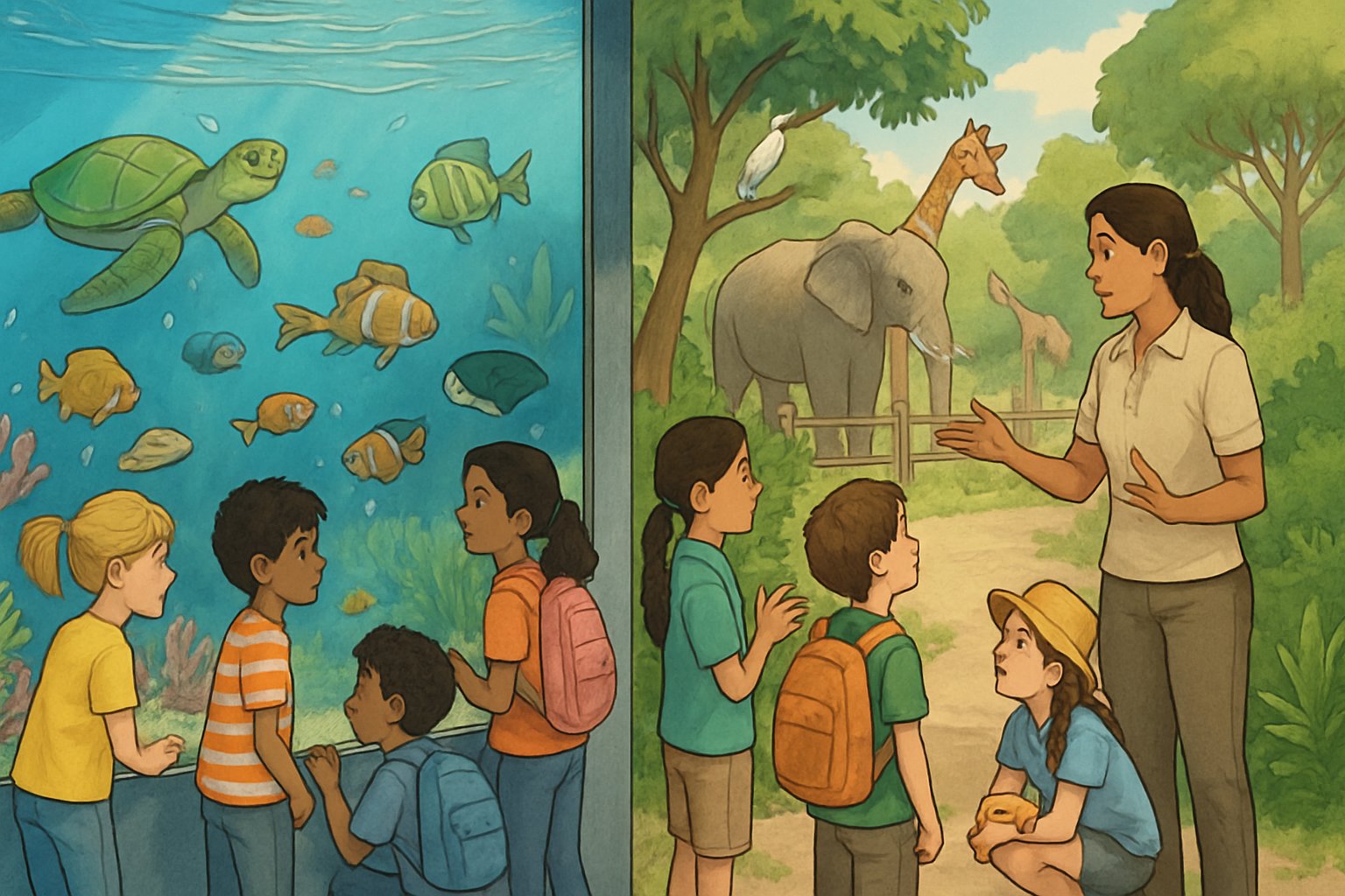 Çocukların akvaryumda balıkları ve hayvanat bahçesinde hayvanları dikkatle izlediği, hayvanlara saygı ve etik yaklaşımın vurgulandığı bir ziyaret sahnesi.