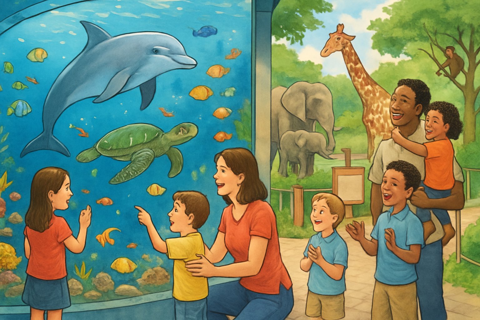 Çocuklar ve yetişkinlerin akvaryumda deniz hayvanlarını ve hayvanat bahçesinde çeşitli hayvanları izlediği bir aile gezisi sahnesi.