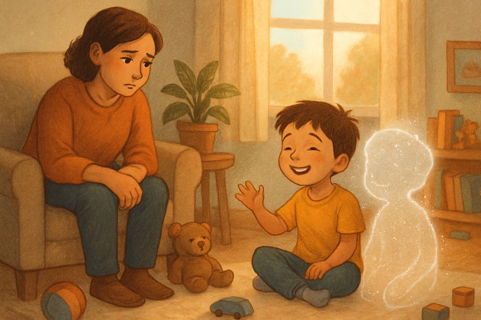 Bir çocuk hayali arkadaşıyla birlikte mutlu bir şekilde oturuyor, yanında endişeli görünen bir ebeveyn var.