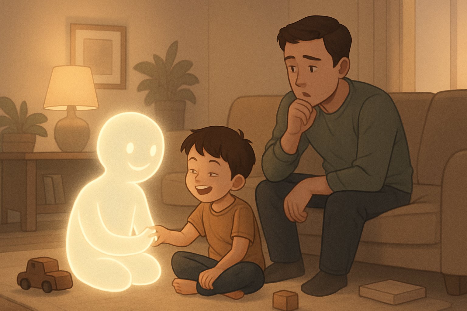 Bir çocuk yerde hayali arkadaşıyla oynarken, yanında bir ebeveyn meraklı ve düşünceli şekilde izliyor.