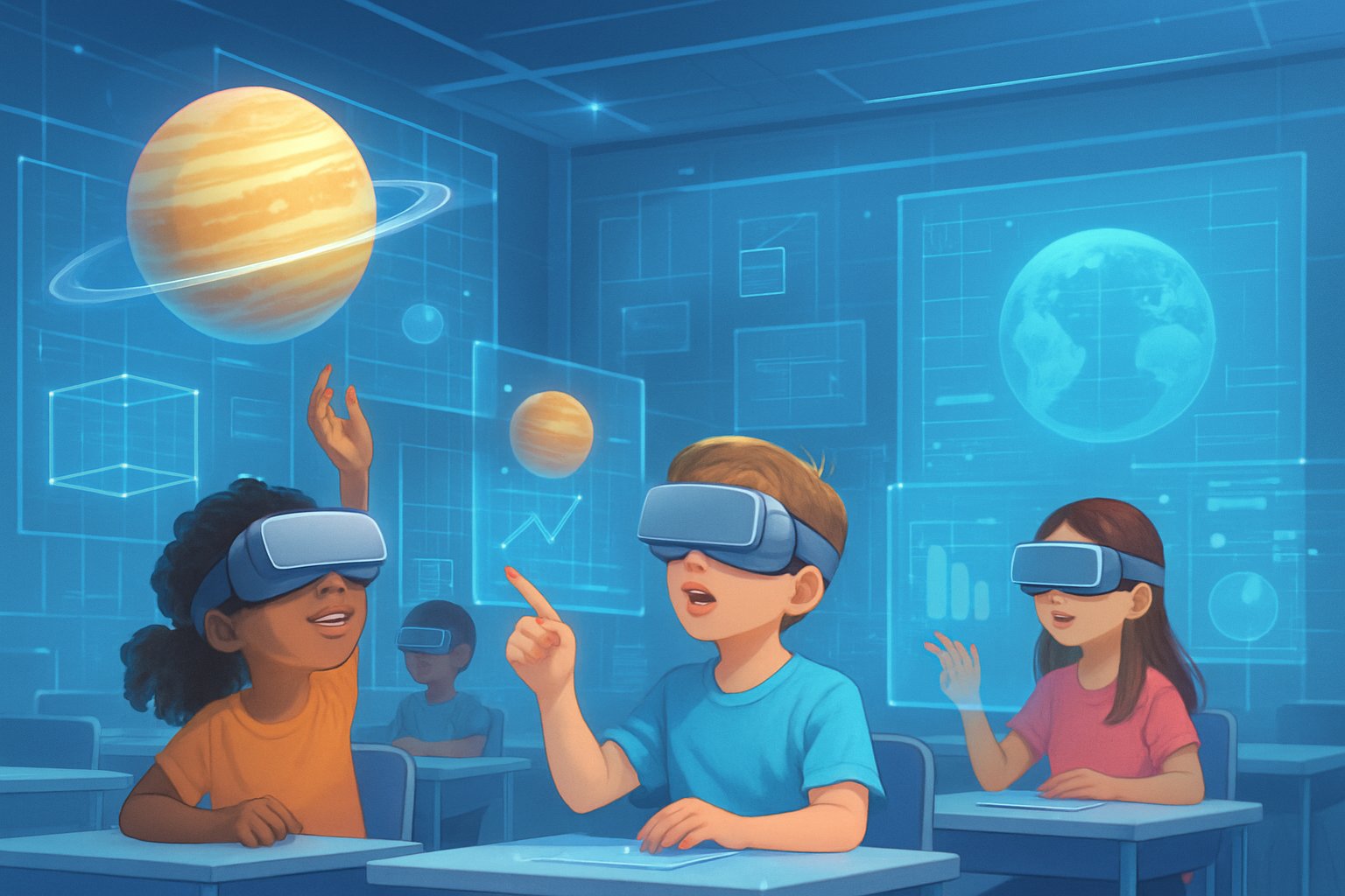 Metaverse ortamında sanal gerçeklik başlıkları takan çocukların holografik eğitim materyalleriyle etkileşimde bulunduğu bir sınıf sahnesi.