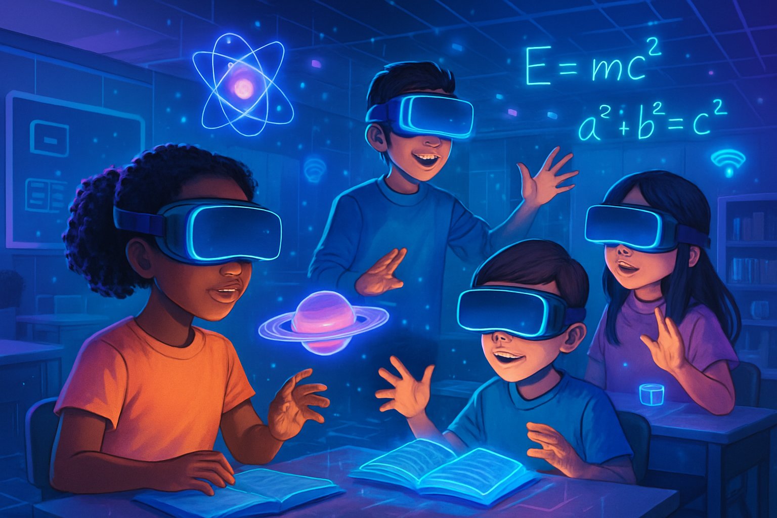 Çocukların eğitim amacıyla sanal gerçeklik gözlükleriyle etkileşimde bulunduğu, dijital ve gerçek ortamın birleştiği bir sınıf sahnesi.