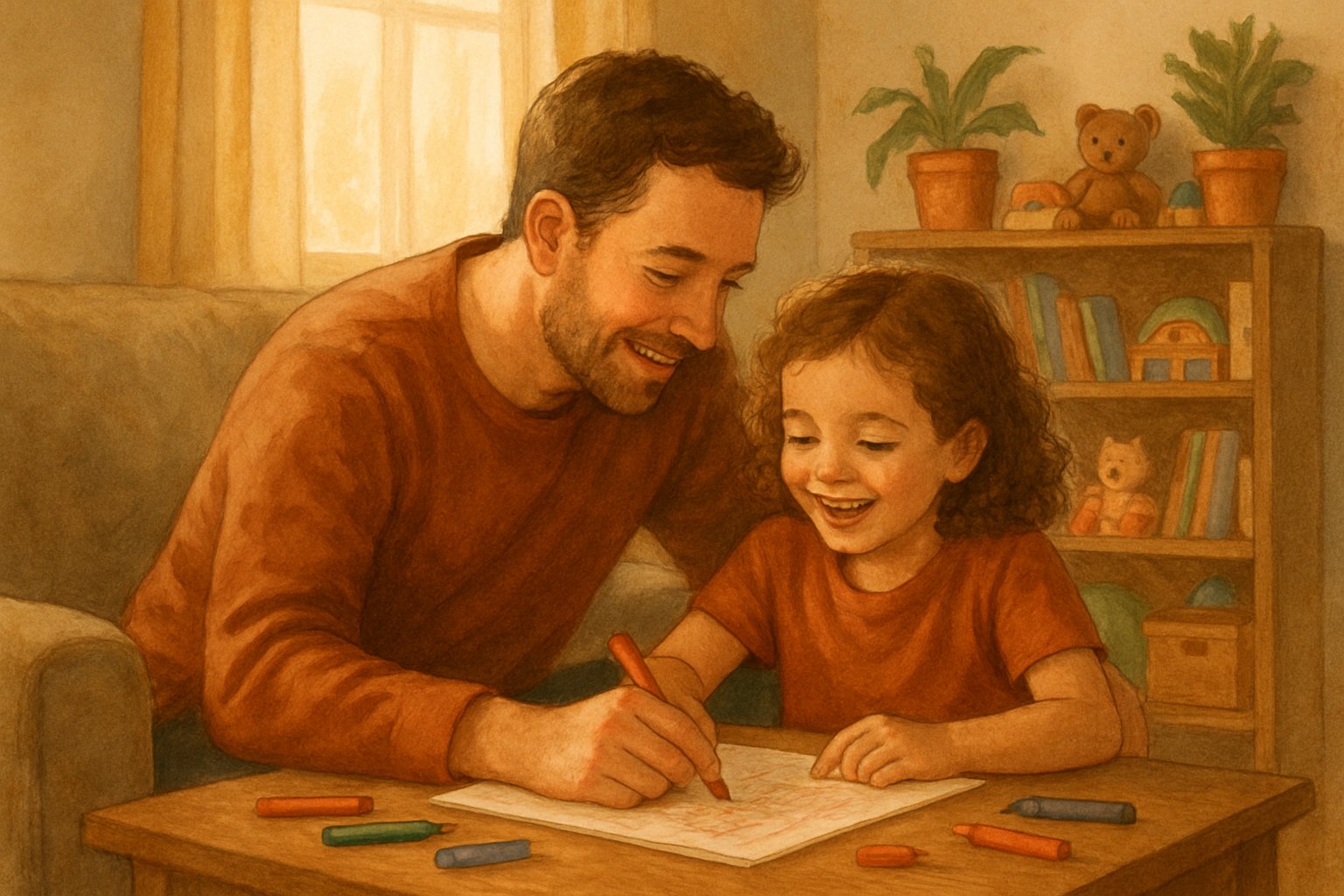 Bir ebeveyn ve çocuk birlikte oturmuş, kitap okuyor ve kaliteli zaman geçiriyorlar.