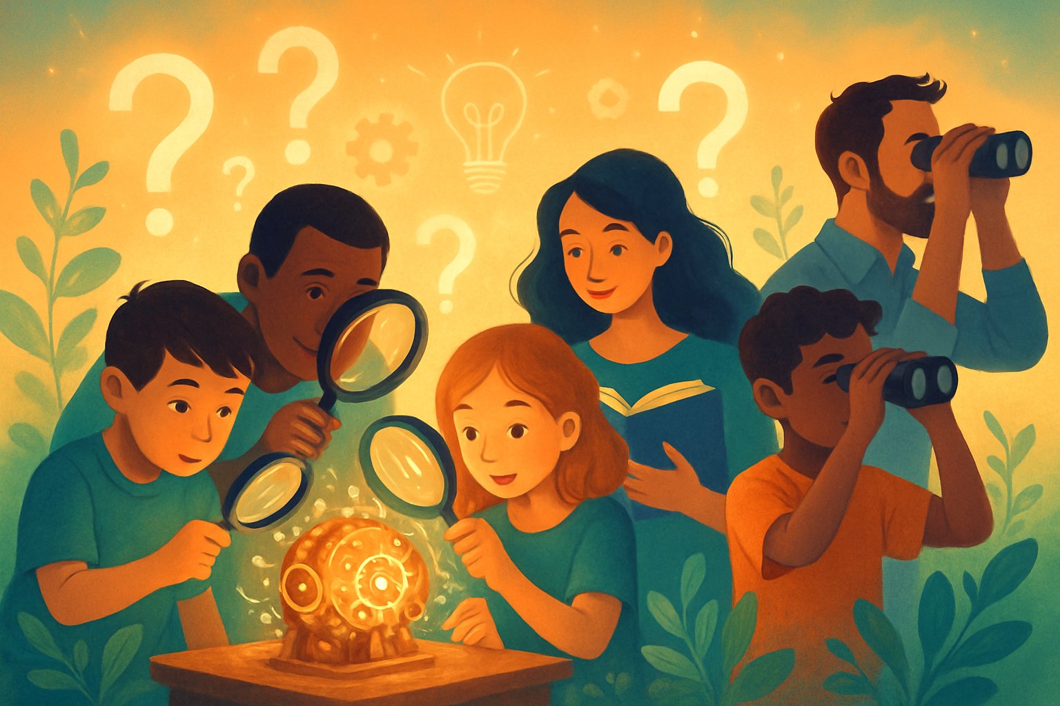 Farklı yaşlardan insanların merakla etrafı keşfettiği, çeşitli araçlar kullandığı ve doğayla etkileşimde bulunduğu bir sahne.