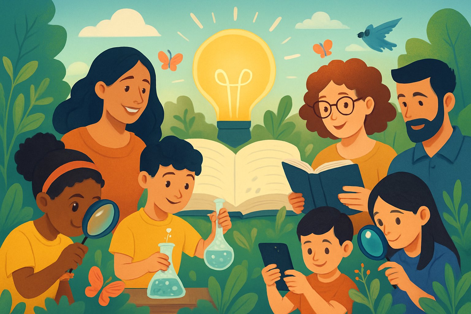 Farklı yaşlardan insanların merak ederek öğrenme ve keşfetme faaliyetlerine katıldığı bir sahne.