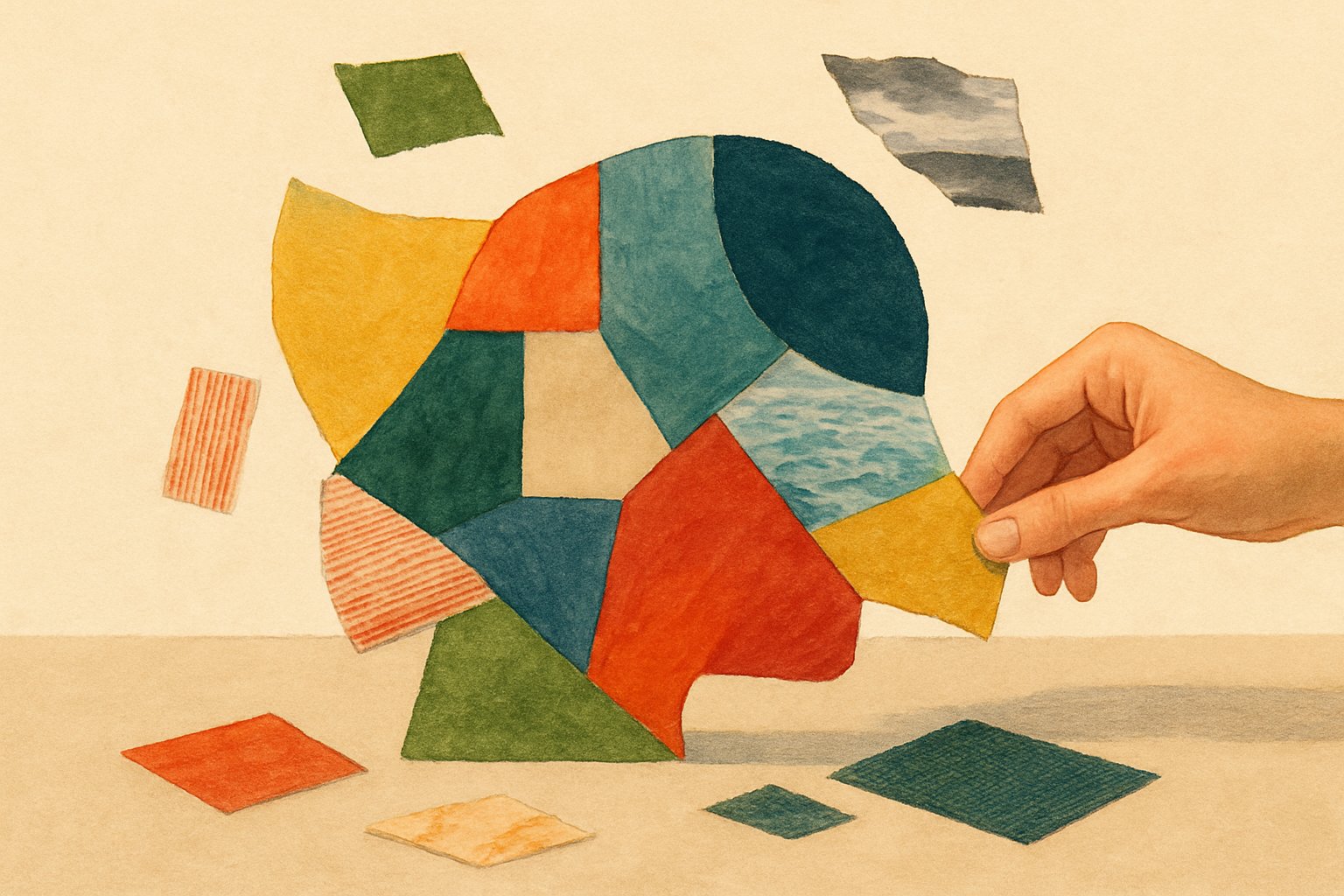 Farklı renk ve dokularda kağıt parçalarının birleşerek büyük ve uyumlu bir şekil oluşturduğu bir sahne.