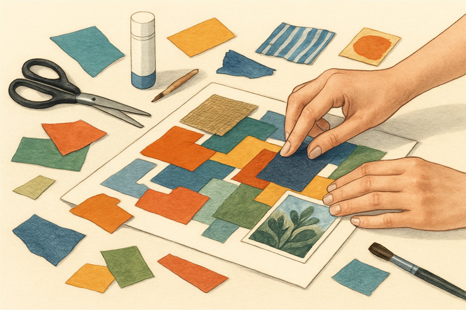 Farklı renklerde kağıt parçalarının ve malzemelerin bir araya getirilerek kolaj oluşturulduğu bir çalışma masası.