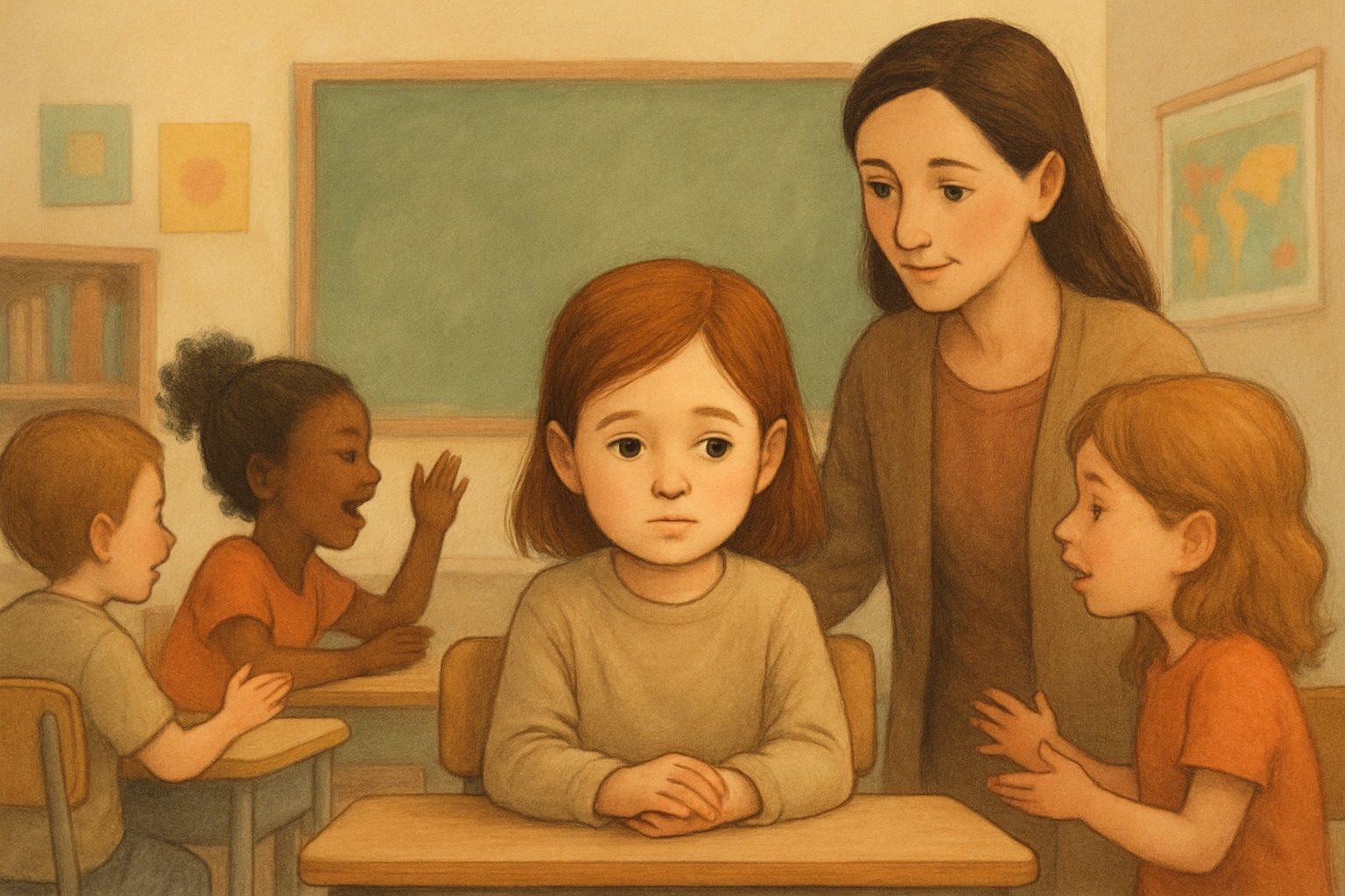 Bir sınıf ortamında, sessizce oturan ve düşünceli görünen bir çocuk, etrafında sohbet eden ve oynayan diğer çocuklar var.