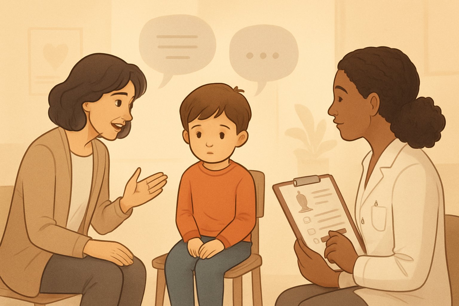 Bir çocuk sessizce oturuyor, yanında öğretmen ve konuşma terapisti çocuğa nazikçe yaklaşırken, sakin bir sınıf veya terapi odası ortamında.