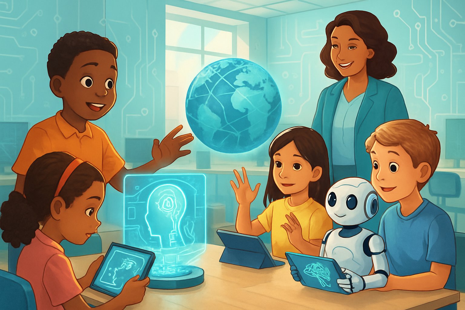 Farklı çocukların robotlar ve hologramlarla etkileşimde bulunduğu, öğretmenin rehberlik ettiği modern bir sınıf ortamı.