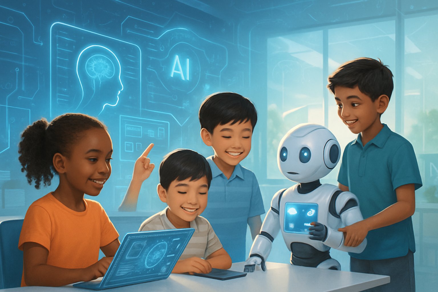 Çocukların yapay zeka teknolojileriyle etkileşimde bulunduğu, geleceğe hazırlık ortamında bir grup çocuk.