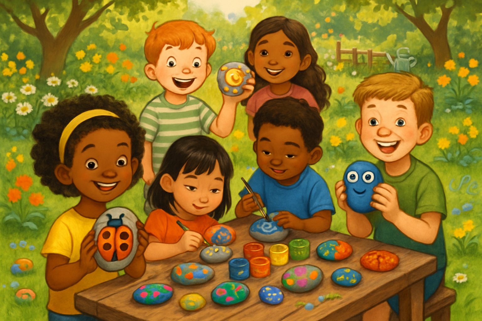 Bahçede çocuklar taş boyama yapıyor, etraflarında boya malzemeleri ve boyanmış taşlar var.