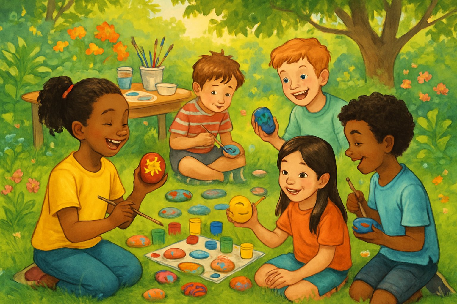 Çocukların bahçede taş boyama sanatıyla meşgul olduğu, renkli taşların ve boya malzemelerinin bulunduğu neşeli bir dış mekan sahnesi.