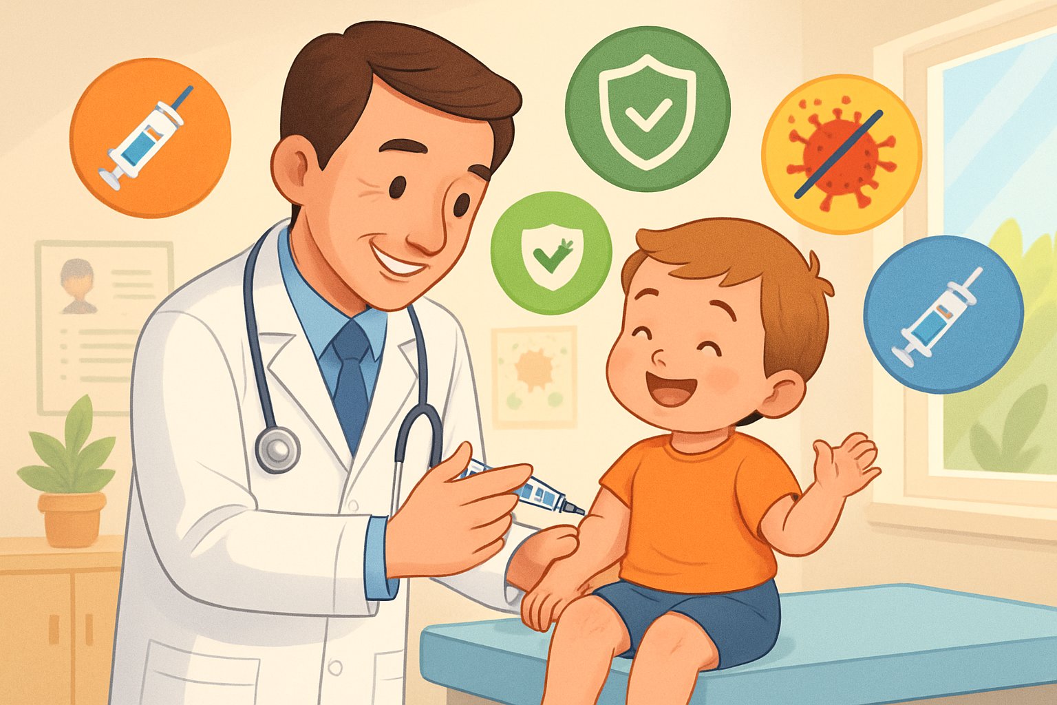 Bir çocuk doktoru, bir okula başlamadan önceki yaş grubundaki çocuğa aşı yapıyor, çevrede aşı ve sağlıkla ilgili simgeler bulunuyor.