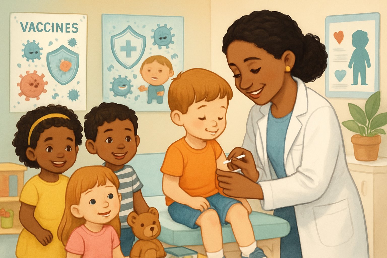 Bir sağlık çalışanı, okul öncesi yaşta bir çocuğa aşı yaparken, çocuklar ve sağlık ortamı gösteriliyor.