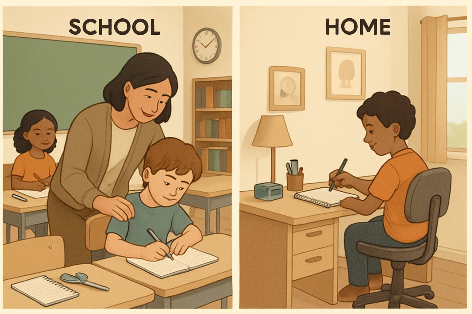 Solak çocuklar için okul ve ev ortamında solak kullanımına uygun düzenlemeler gösteren bir sahne.