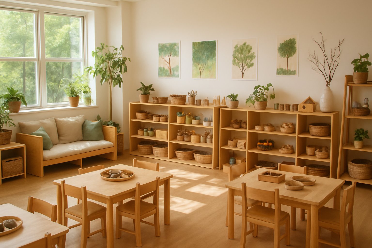 Çocukların birlikte etkinlik yaptığı, doğal ışık alan, ahşap mobilyalar ve çocukların yaptığı sanat eserleriyle dolu bir sınıf.