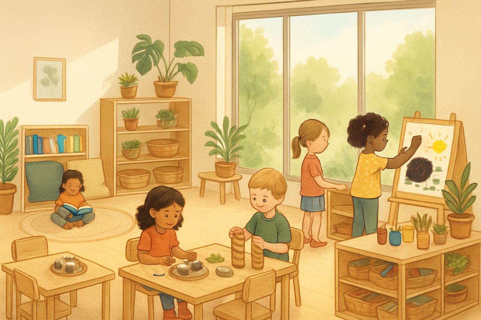 Doğal ışık alan, çocukların farklı öğrenme alanlarında etkileşimde bulunduğu, bitkilerle ve doğal malzemelerle dekore edilmiş bir sınıf.